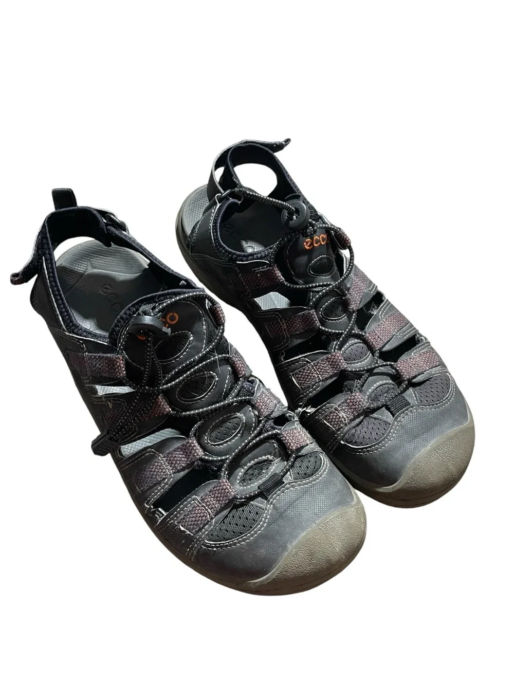 AA37- Men’s 8 Ecco Sporty Closed-Toe Hiking Sandals in Black w/Dark Red Accents